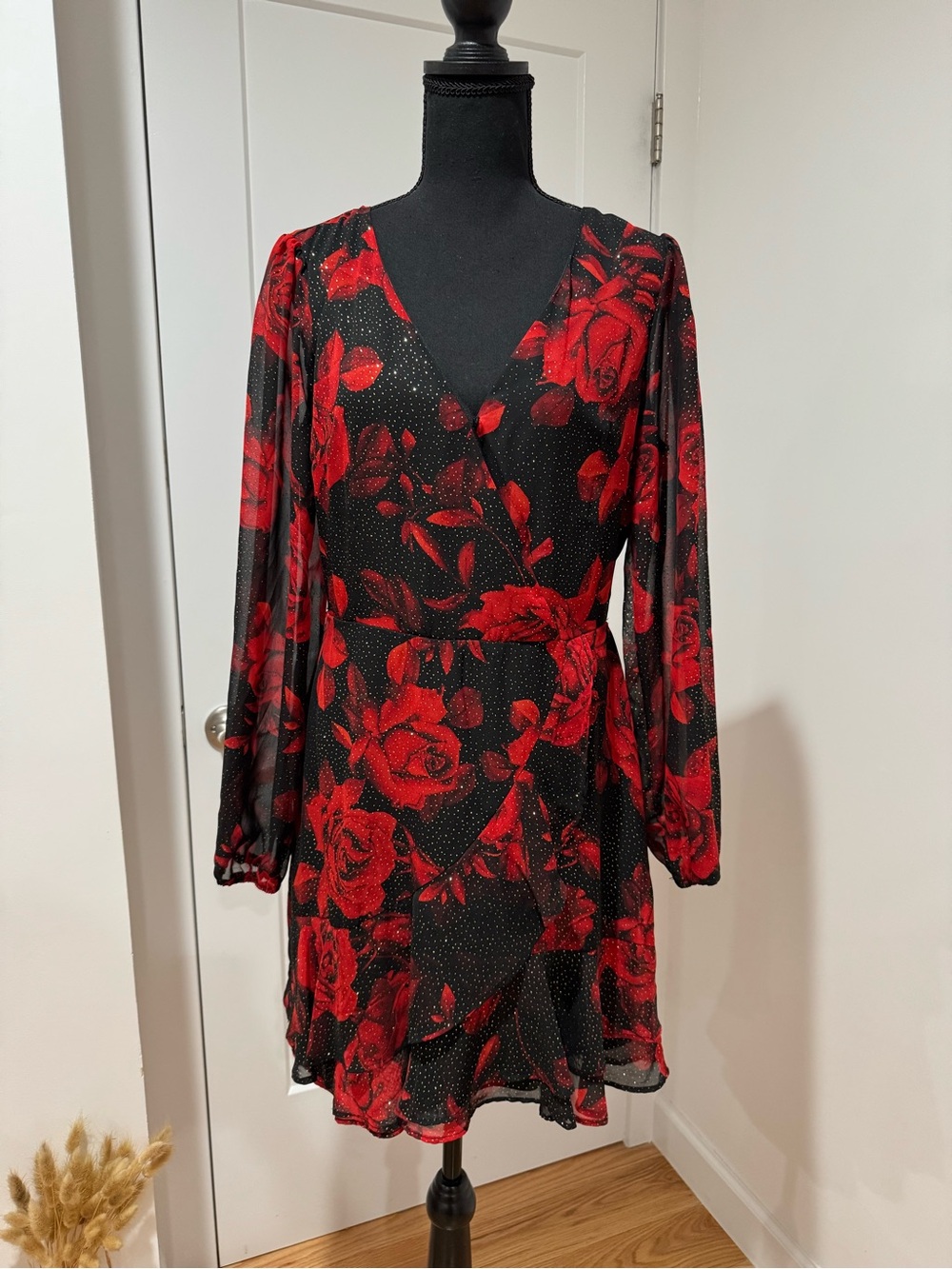 City Triangles Metallic Red Floral Wrap Dress Size 11 (~M/L) NWT